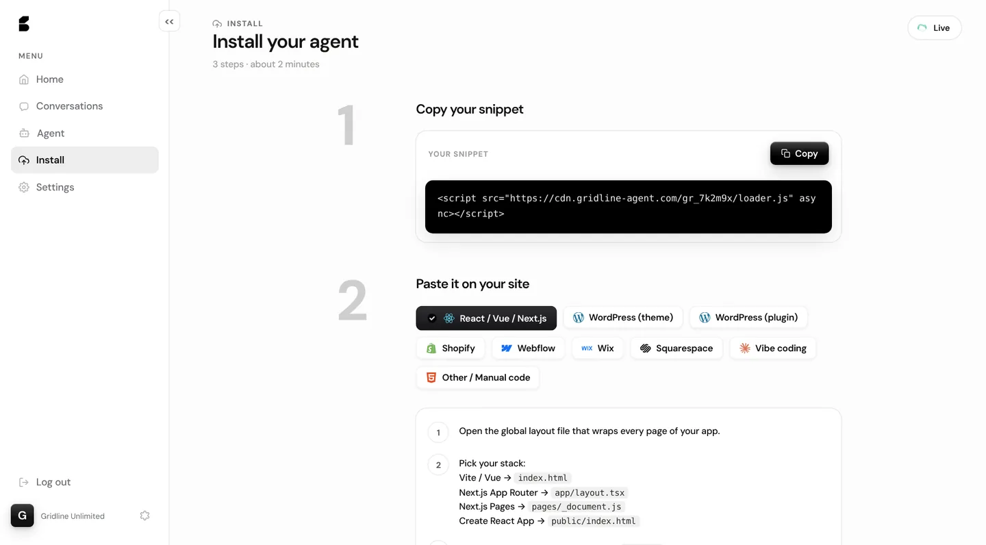 Install your agent — copy the snippet